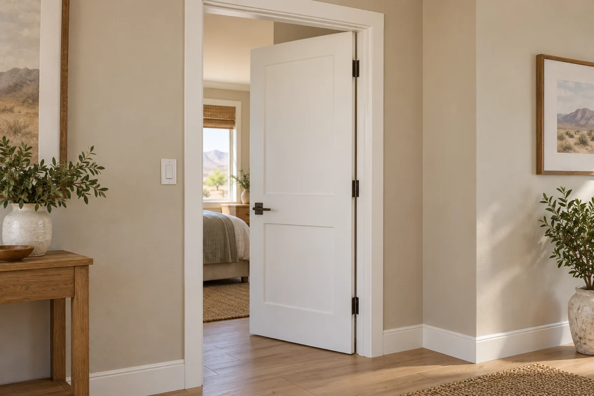 Service illustration of a fitted interior door, frame and hardware