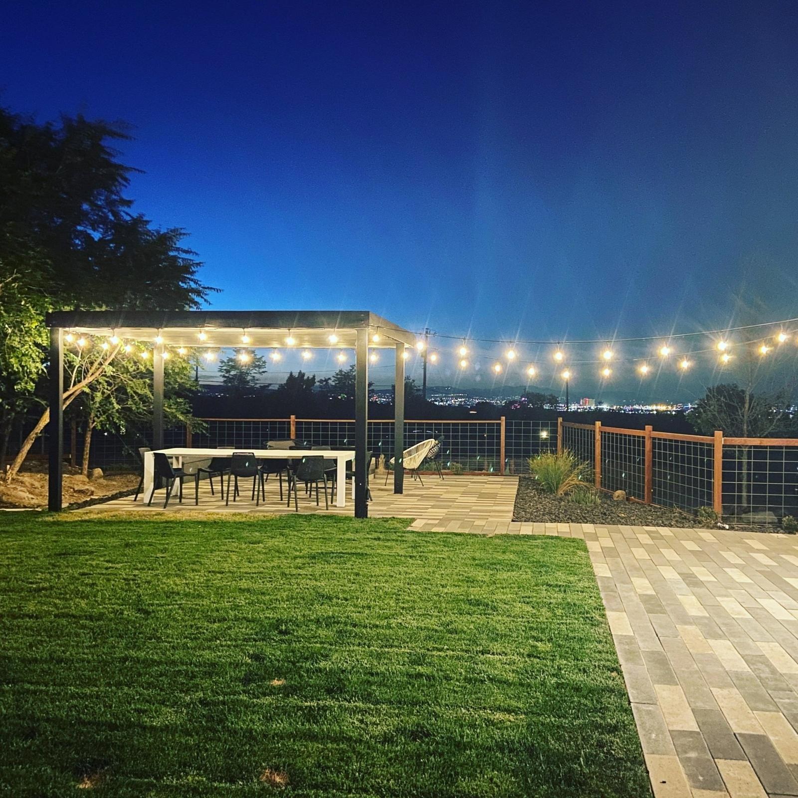 Outdoor pergola and lighting featured on the Tahoe Repairs website
